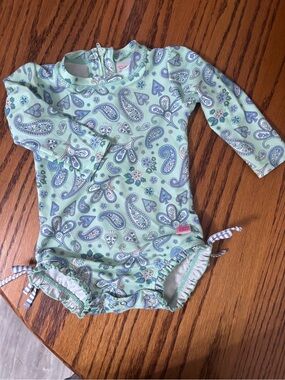 Ruffle Butts Mint Green Paisley Long-Sleeve One-Piece Swim